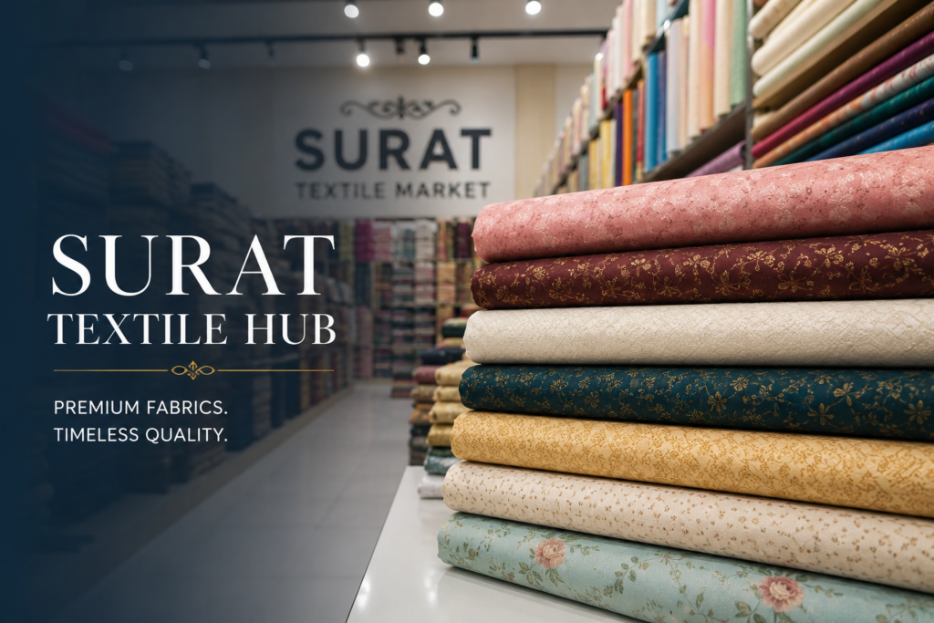 Surat Textile Hub showcasing premium fabric collections in a modern textile showroom, highlighting the textile business industry and digital marketing opportunities for fabric manufacturers, wholesalers, and retailers.